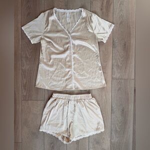 Silky Beige and White Lace Trim Pajama Sleep Set Short Sleeve Button Down Luxury